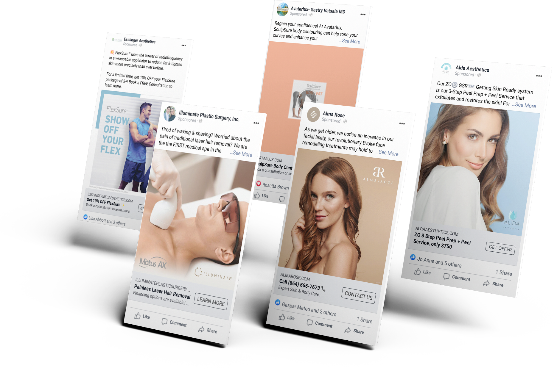 Examples of Facebook and Instagram ad campaigns designed by Urge Interactive for aesthetic and medical clients, showcasing high-performing creative and ad strategy for digital marketing