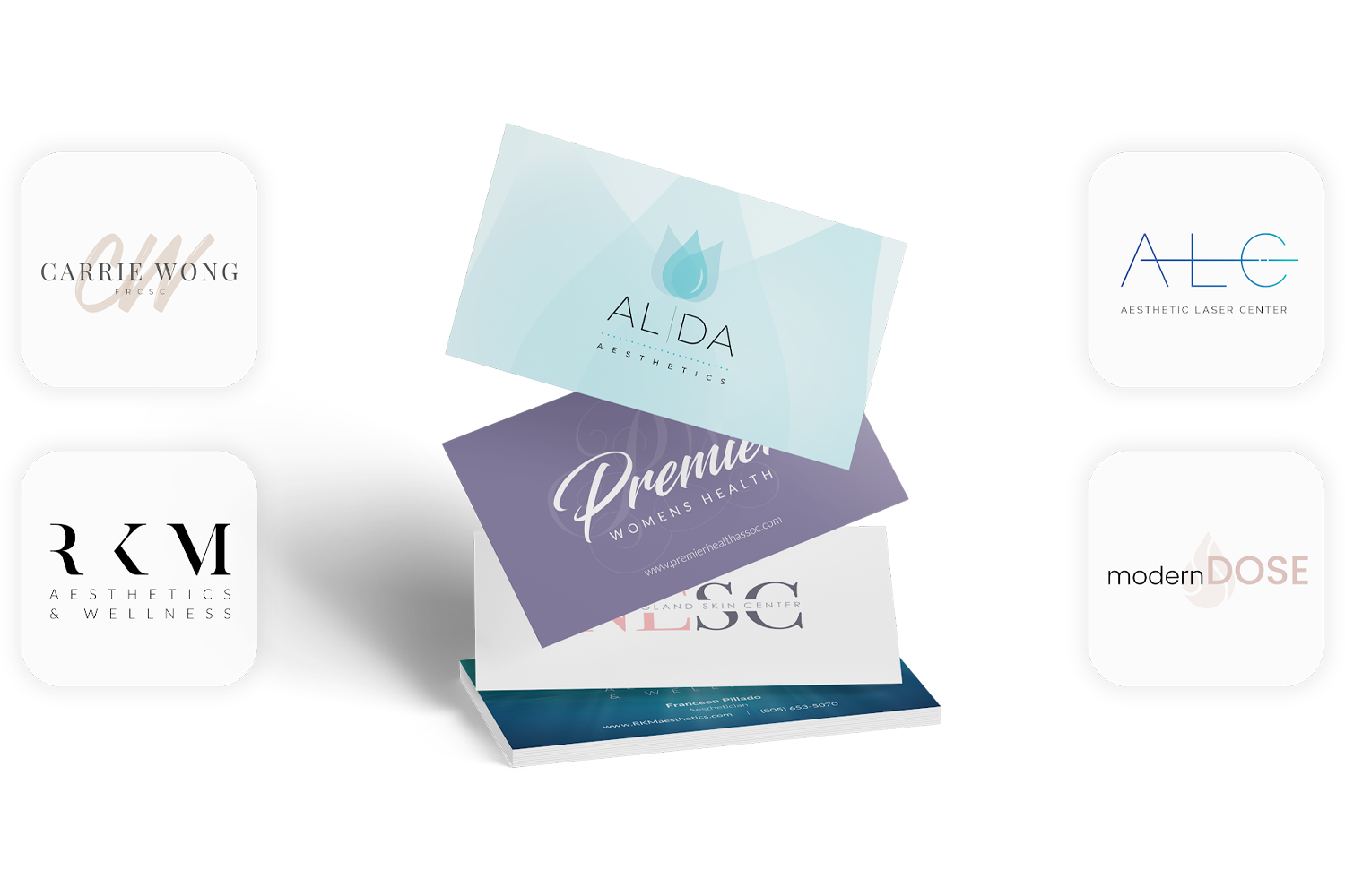 Custom logo and business card designs created by Urge Interactive for medical and aesthetic brands, showcasing cohesive brand identity and professional print design